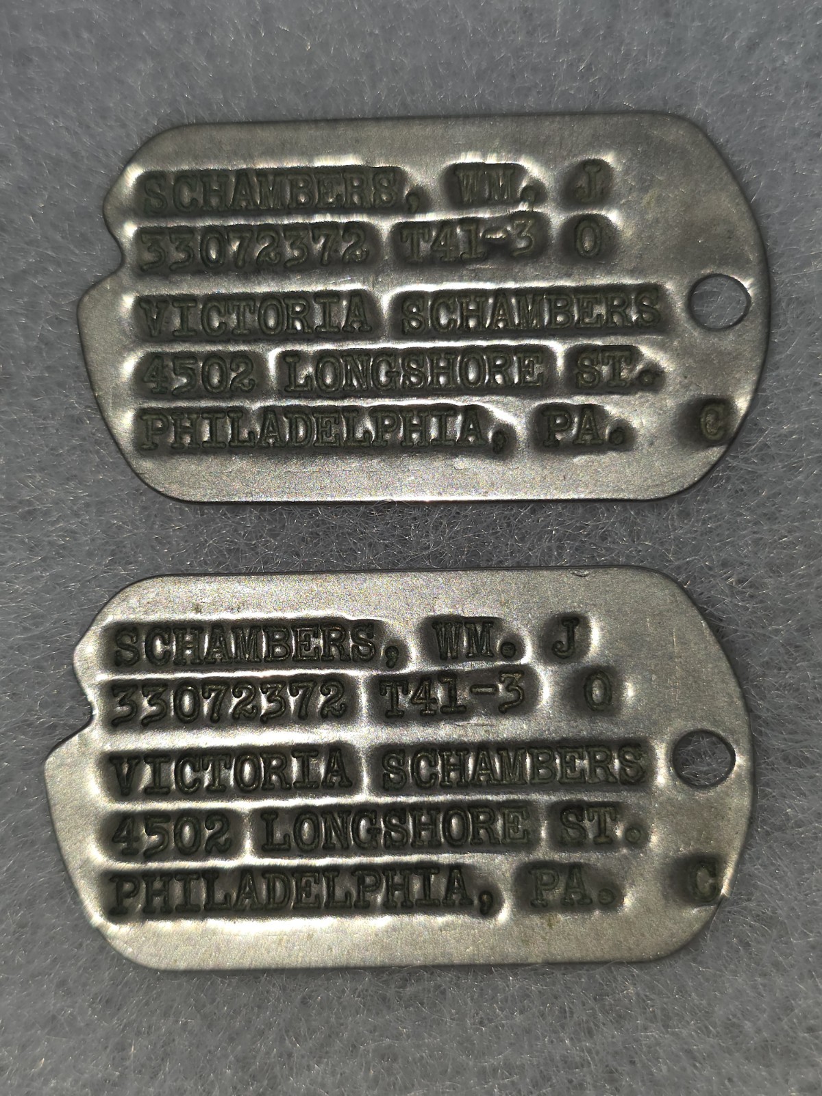 WW2 Philadelphia PA Next of Kin Address DOG TAGS T41-43 US Army-Pennsylvania US