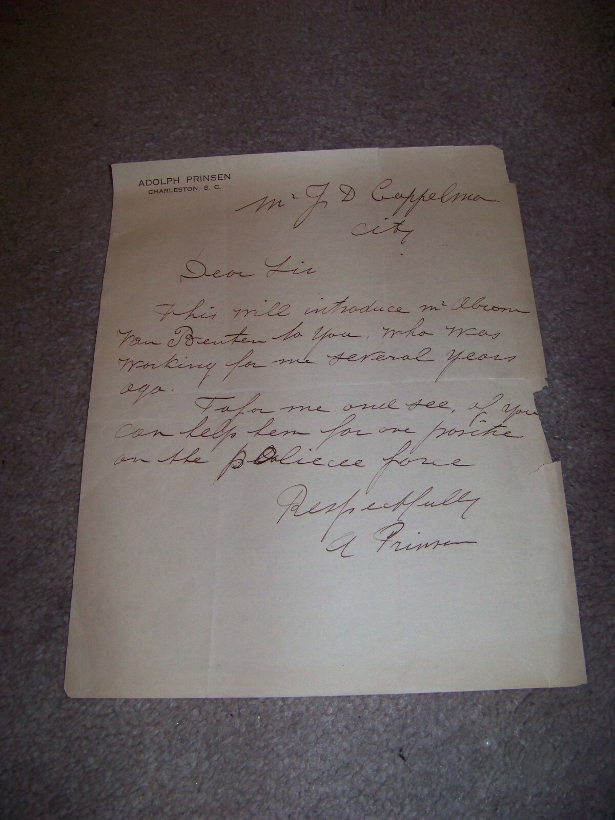 Adolph Prinsen Charleston South Carolina J. D. Coppelman