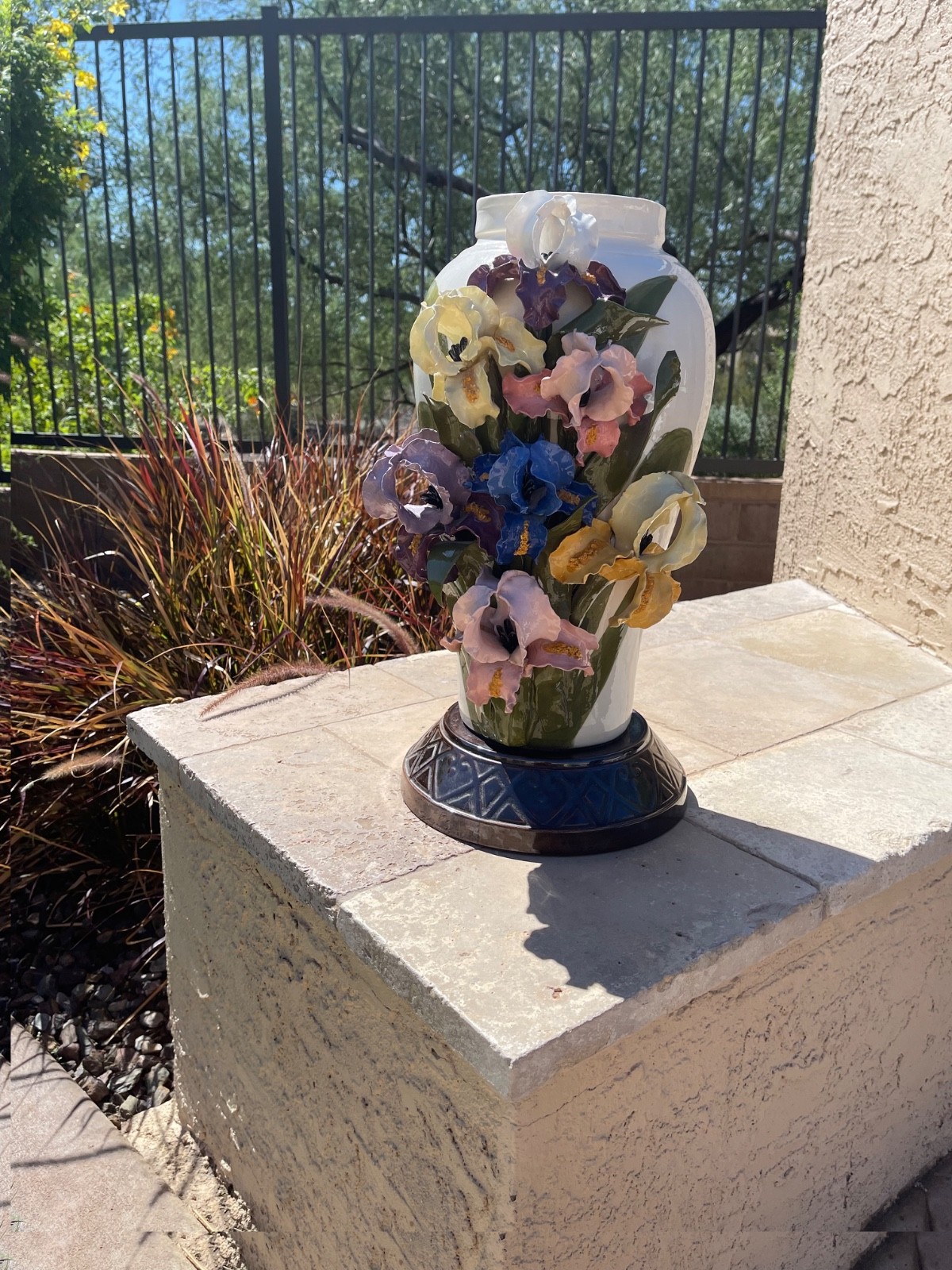 Unique Hand Painted Porcelain Vase  with Raised Iris Flowers 1979