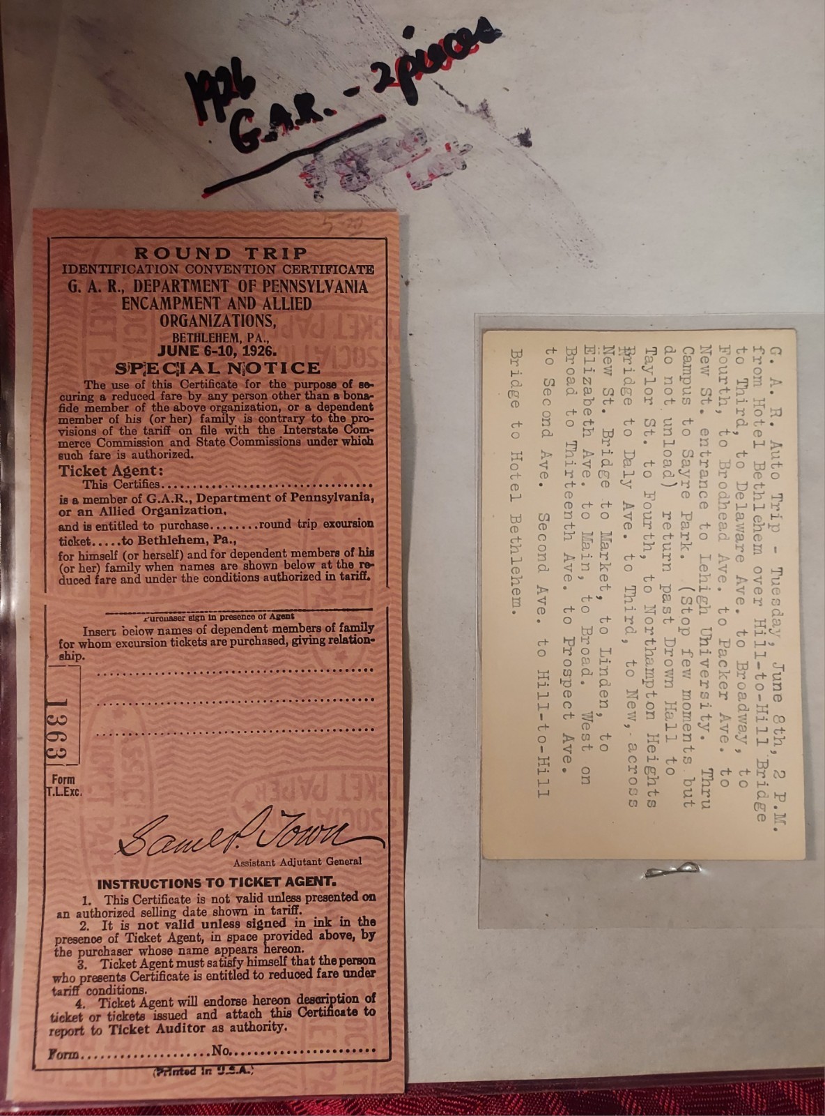 1926 Grand Army of the Republic GAR Pennsylvania Encampment Ticket Auto Tour 2pc