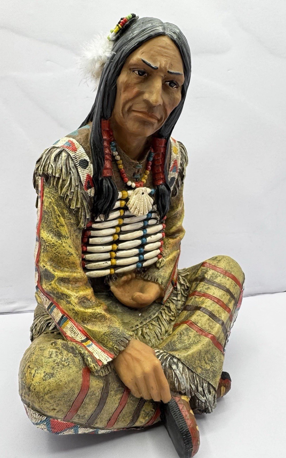 Indian Chief Sitting Statue Native American Decoration Figurine Poly Resin 12” H