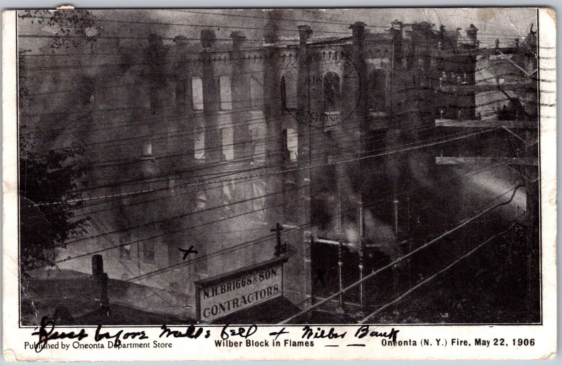 Antique 1906 Postcard Oneonta Department Store Fire Wilber Block in Flames NY