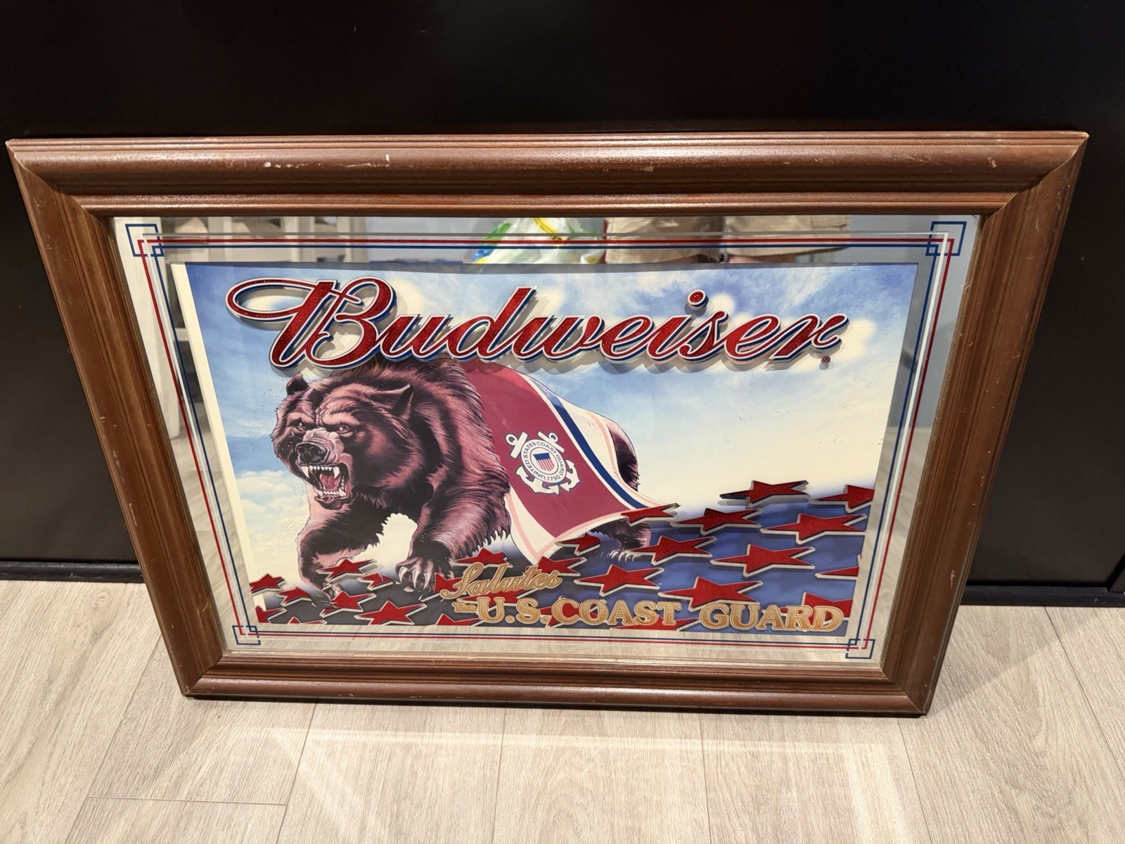 Vintage Budweiser Salutes U.S. Coast Guard Bear Mirror Wooden Frame