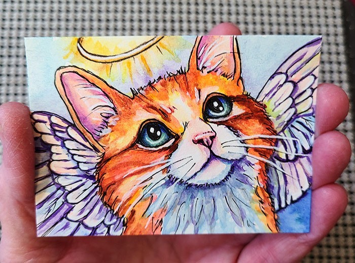 ACEO Original Painting OOAK - All Cats Go To Heaven - Cat - Bartshe