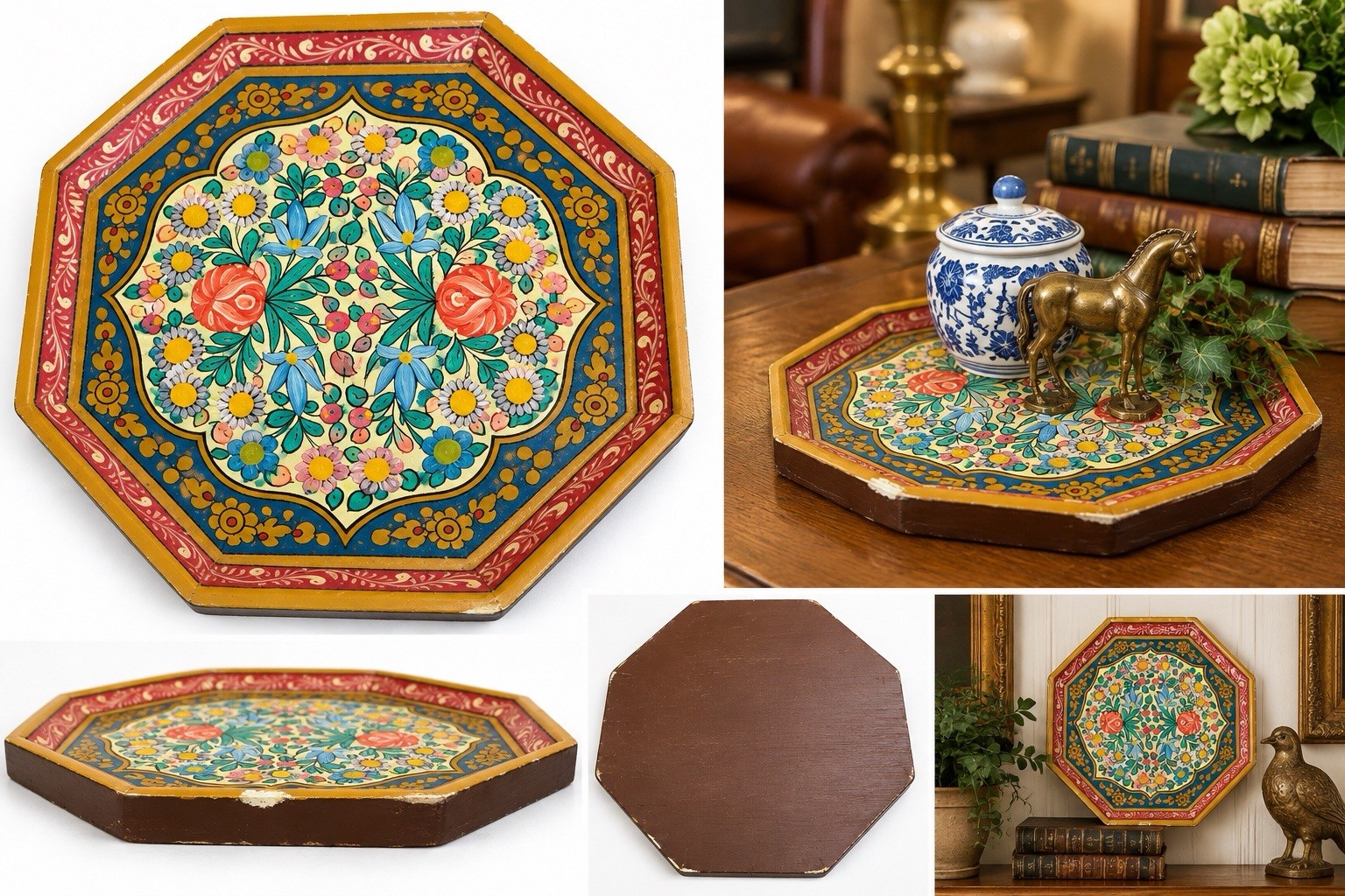 Vintage Hand Painted Floral Octagon Wood Tray Indian Kashmiri Style 9.75”