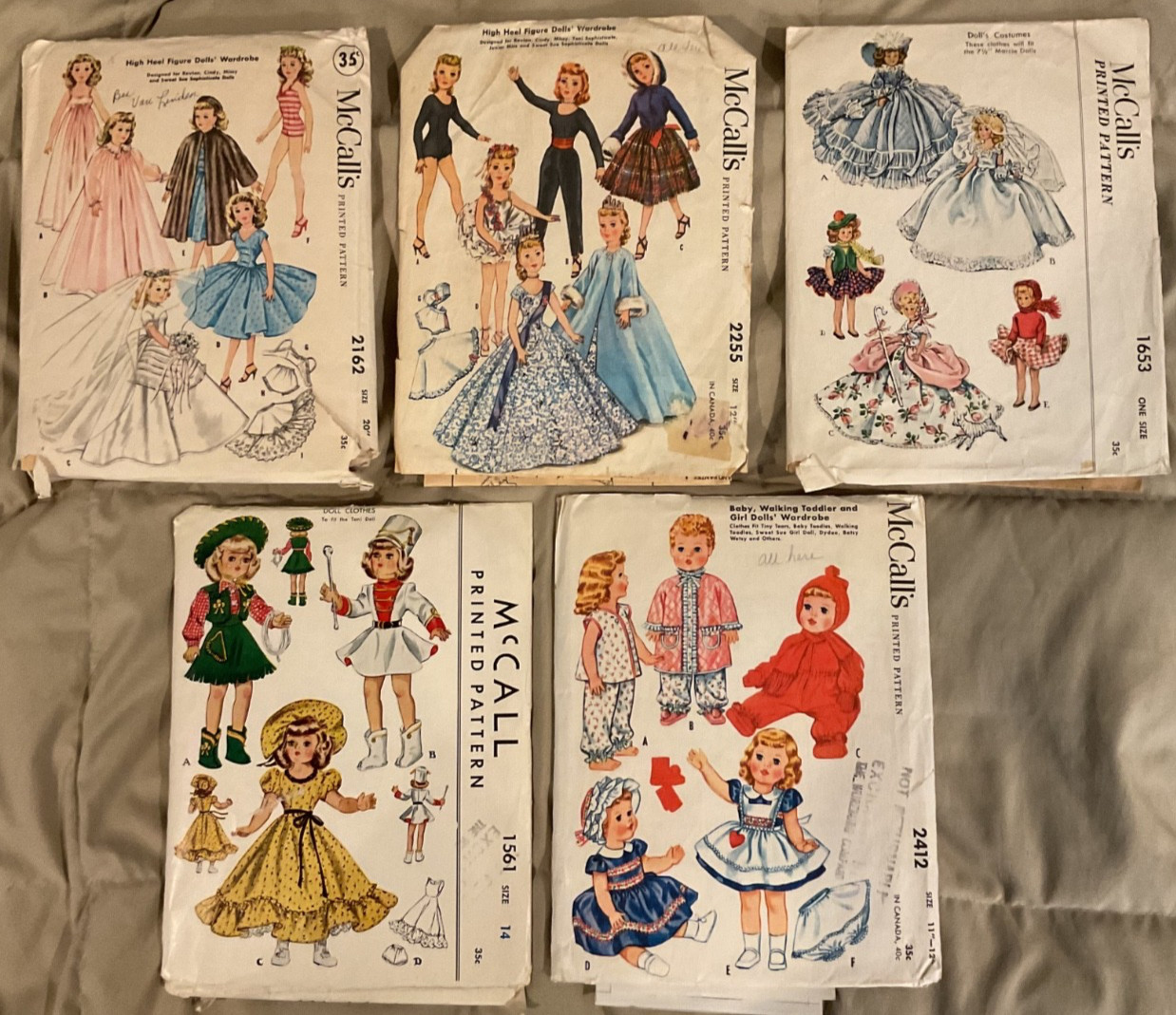 McCall's Vintage Sewing Patterns for several size dolls, 1950's