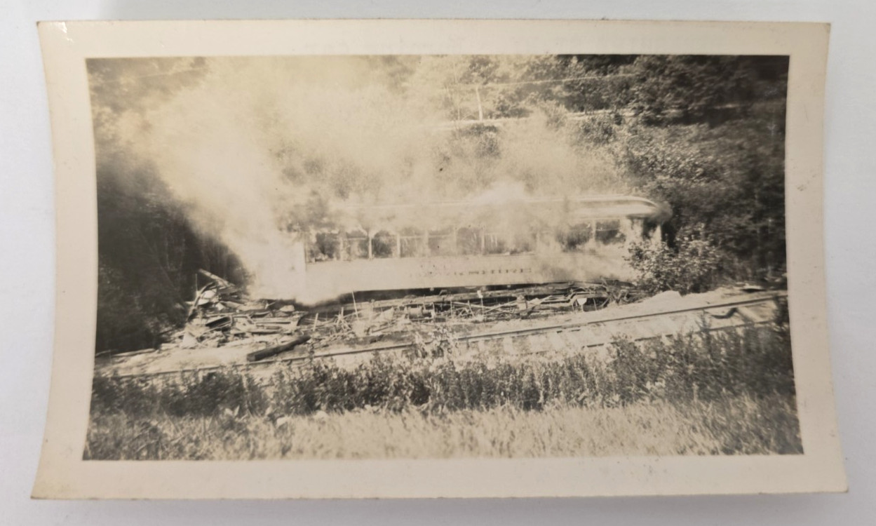 1933 Berkshire Street Railway Burning Car Interurban Trolley Snapshot Photo