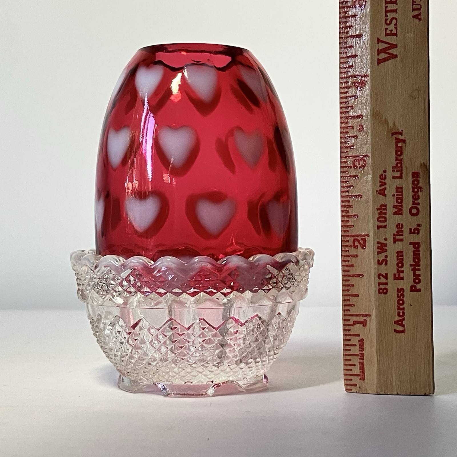 Fairy Lamp Fenton Cranberry White Hearts Optic 4 1/2\