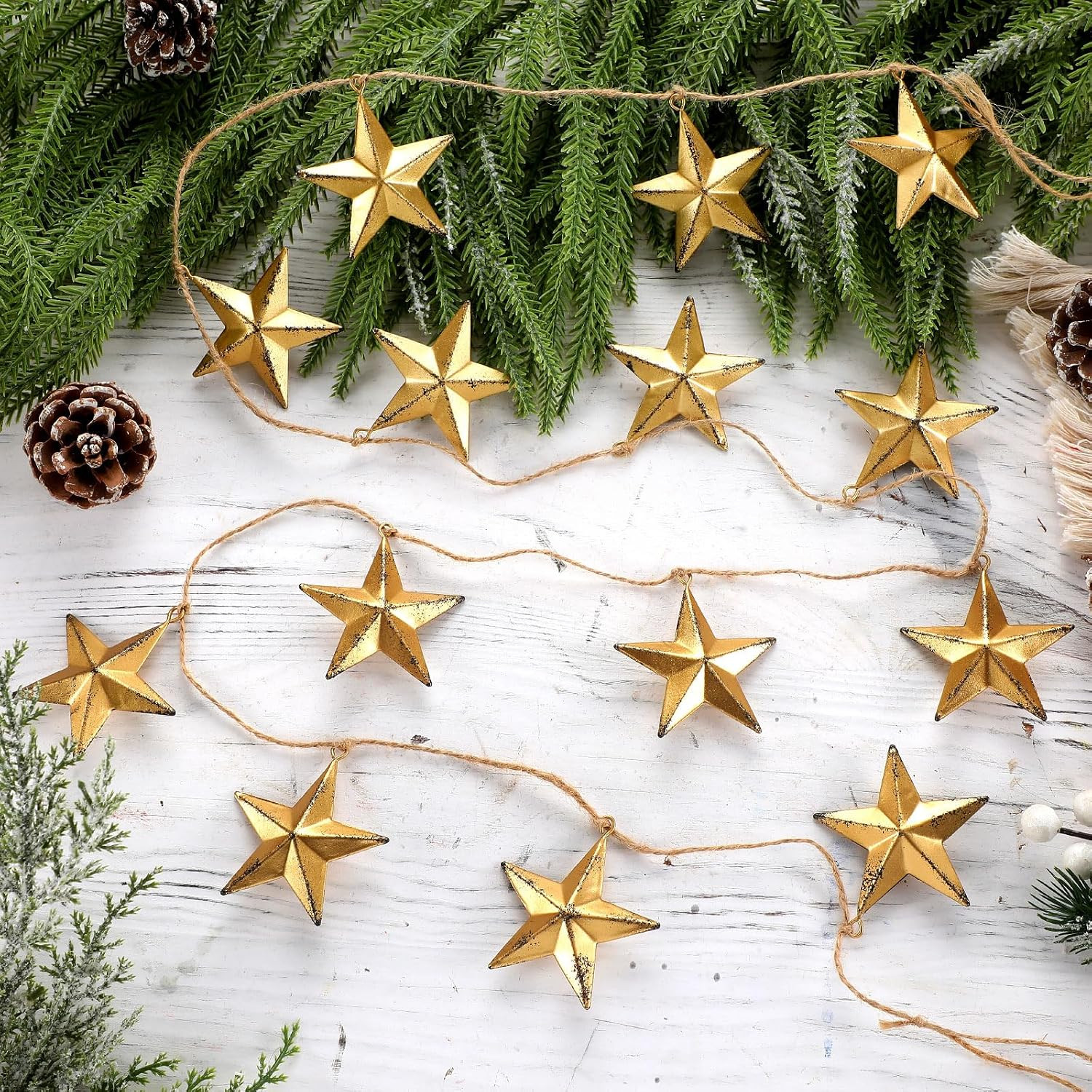 Cinnvoice 5.9ft Christmas Glod Star Garland with Distressed Metal Stars
