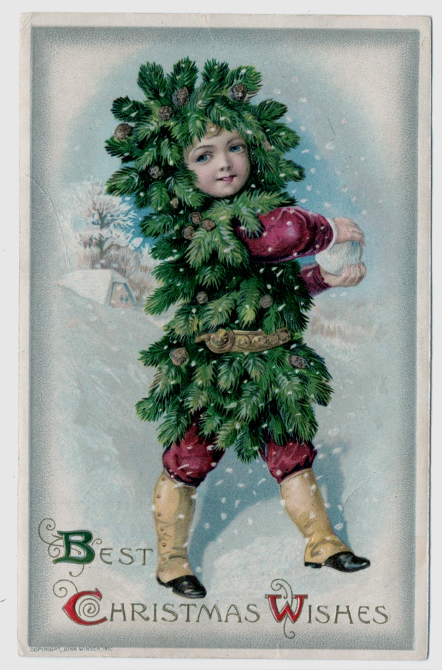 RARE~Winsch ~Christmas Boy in Evergreen  Suit ~ Antique Fantasy Postcard~s737