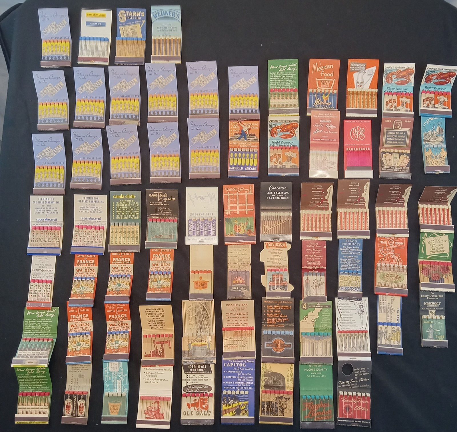 LOT OF 68 VTG FEATURE MATCHBOOKS- ALL BUT ON FULL AND UNSTRUCK-IN BINDER
