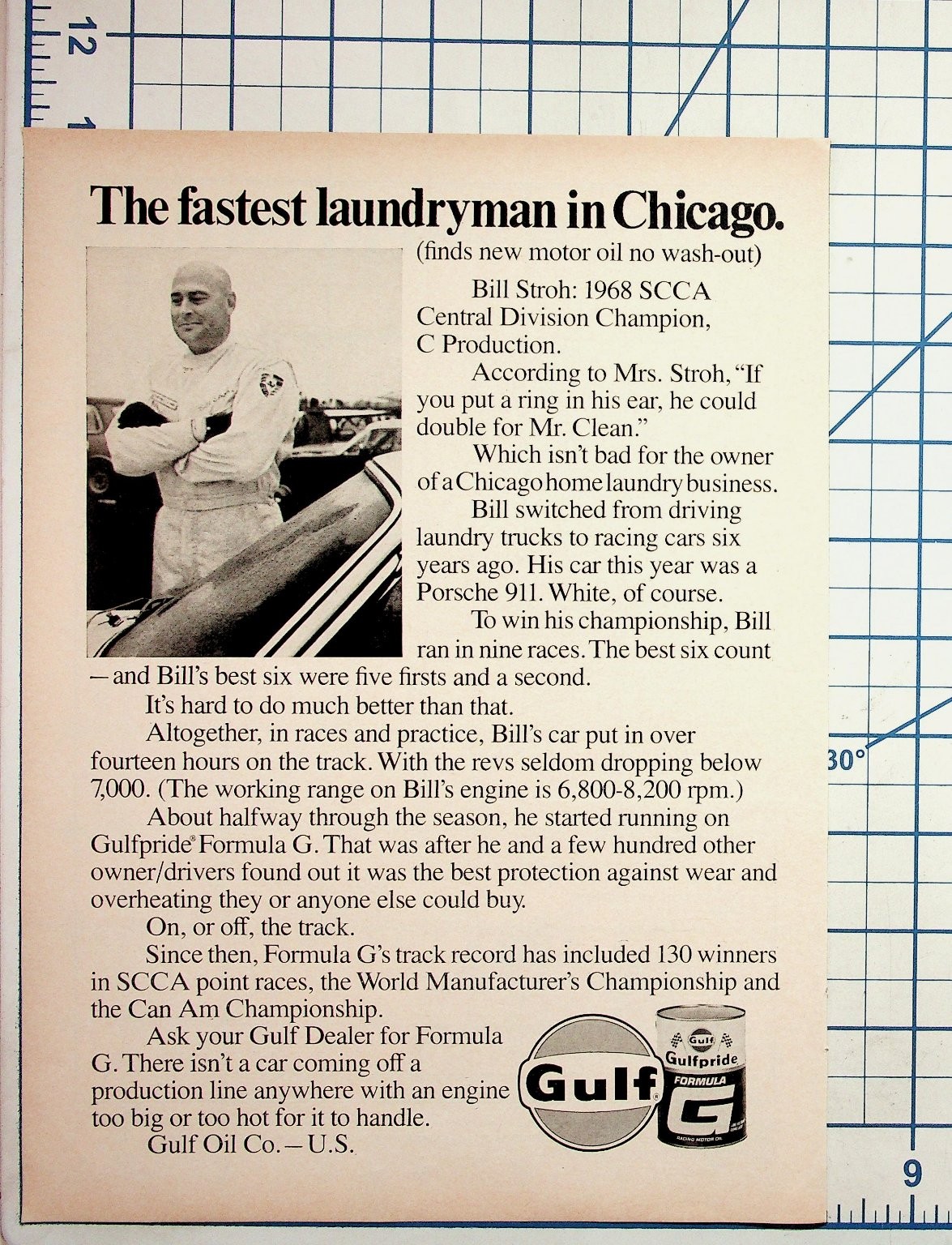 1968 Bill Stroh Porsche 911 Gulfpride Formula G Oil Magazine Ad Chicago Scca