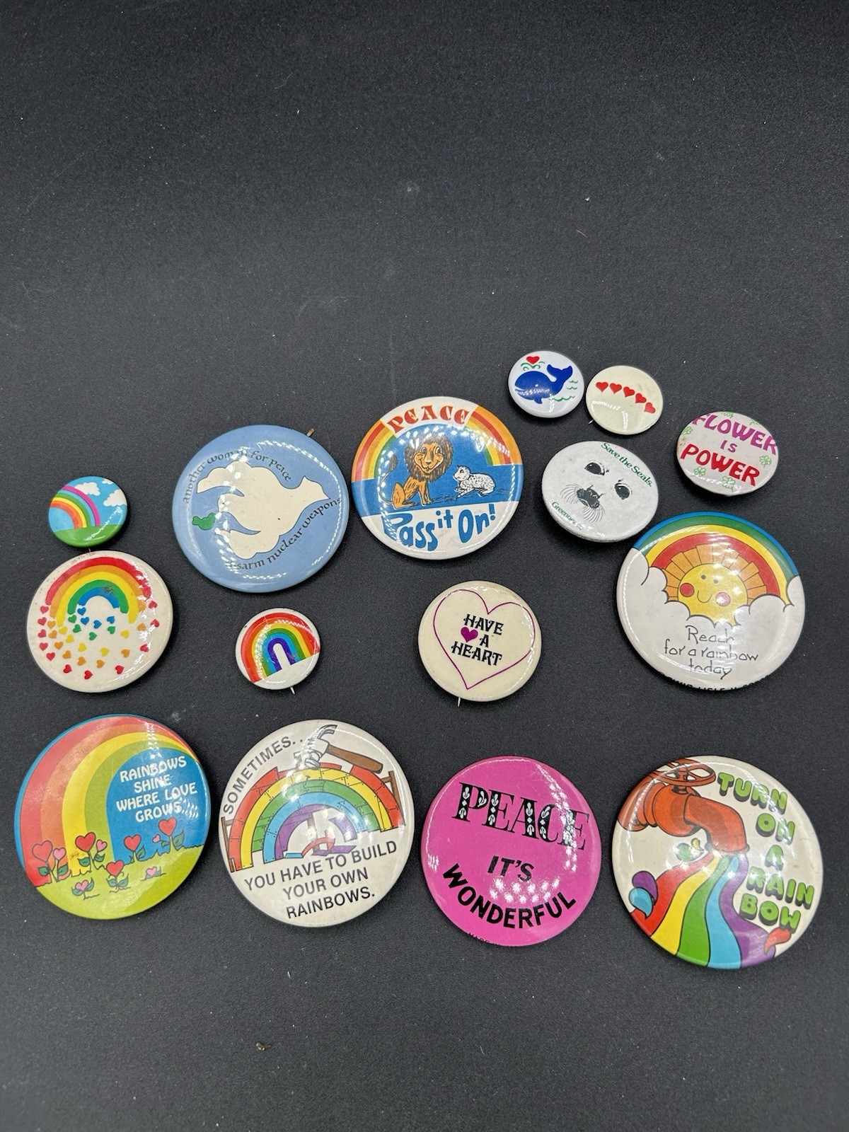 Vintage Peace , Love , Rainbow Theme  Pinback Buttons 80’s & 70’s