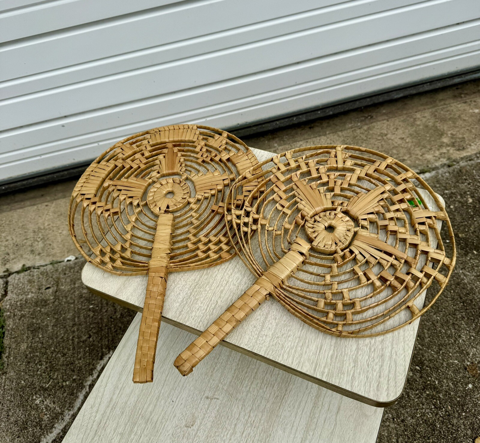 2pc Set Vintage 1970’s Boho Woven Rattan Wicker Bamboo Wall Decor Fans Native