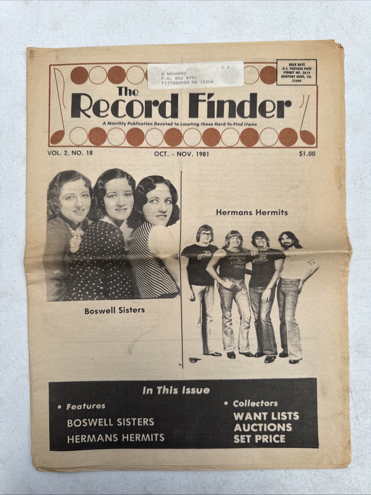 Oct-Nov 1981 The Record Finder Newspaper Boswell Sisters Herman’s Hermits (BM43)
