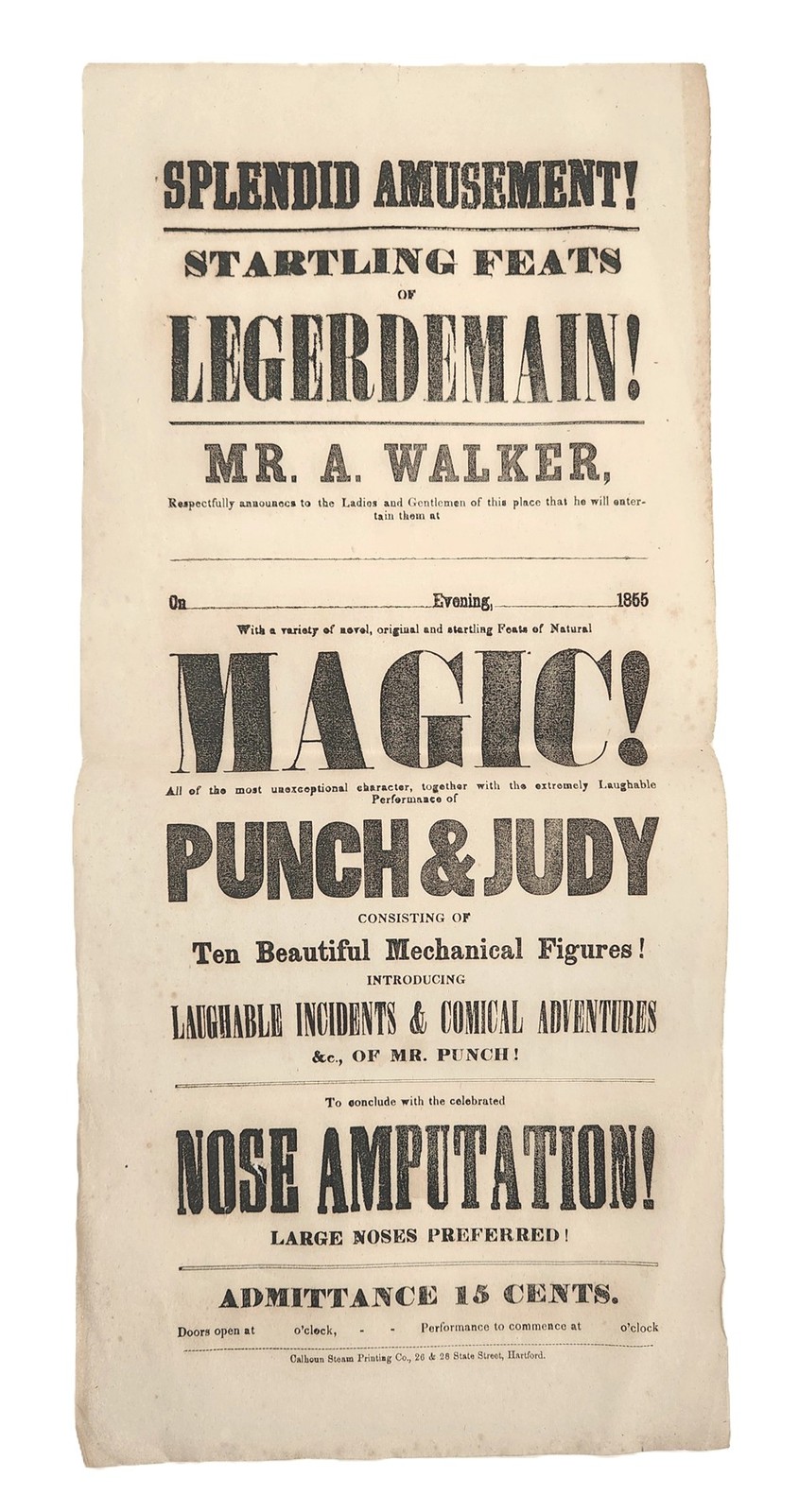 1855 antique MAGIC-PUNCH & JUDY-NOSE AMPUTATE hartford ct BROADSIDE mr a walker