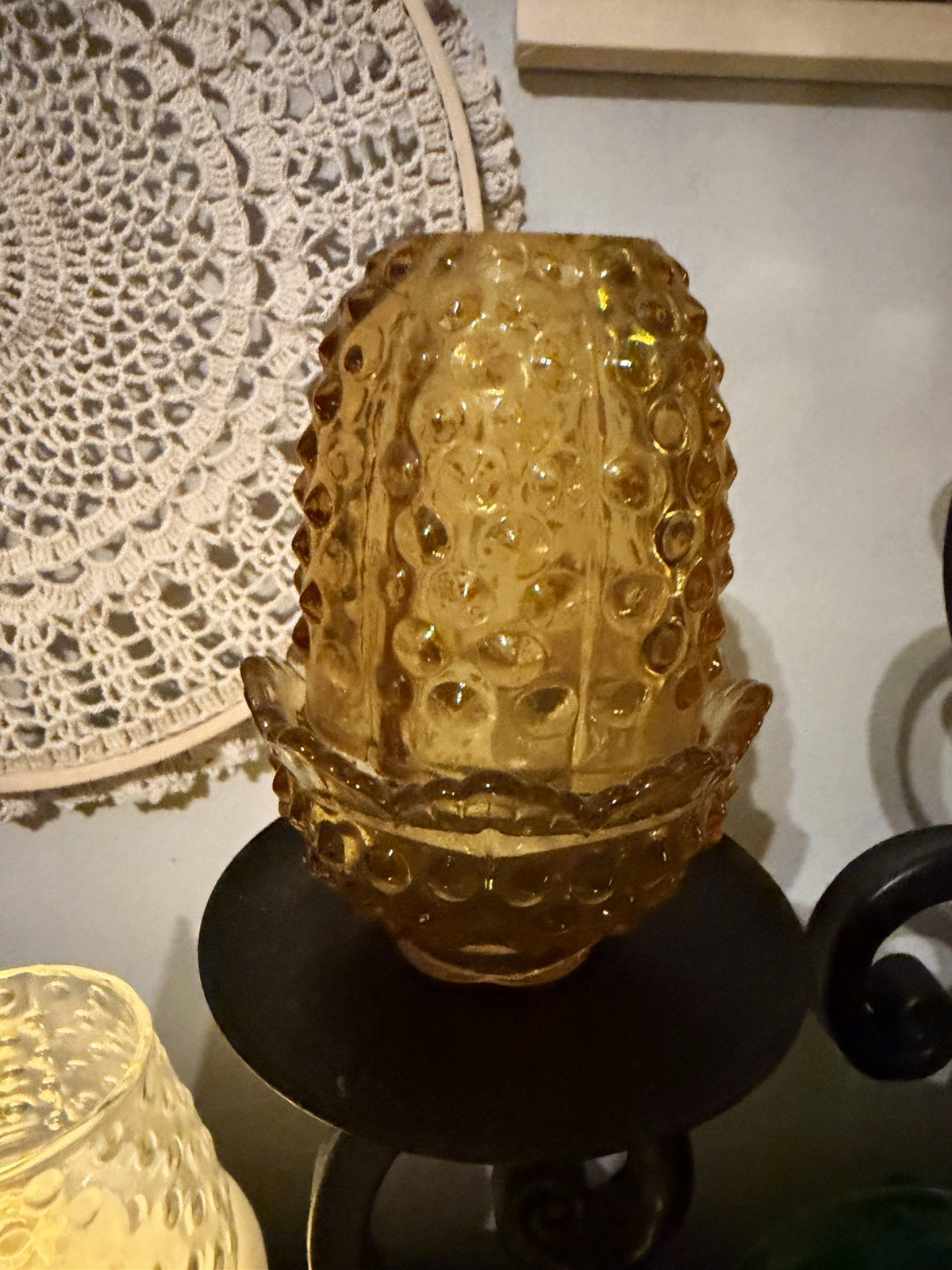 Vintage Fenton Amber Hobnail 2 piece Fairy Lamp