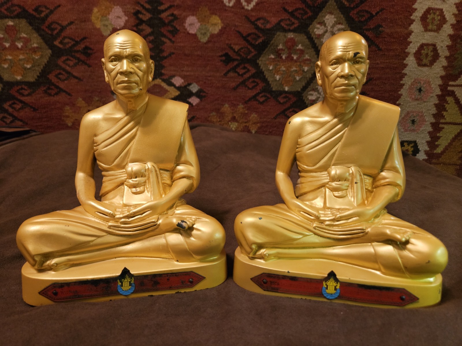 Vintage Gold Gilt Brass Pair Thai Buddhist Monk Statues Luang Pu Sodh Wat Paknam