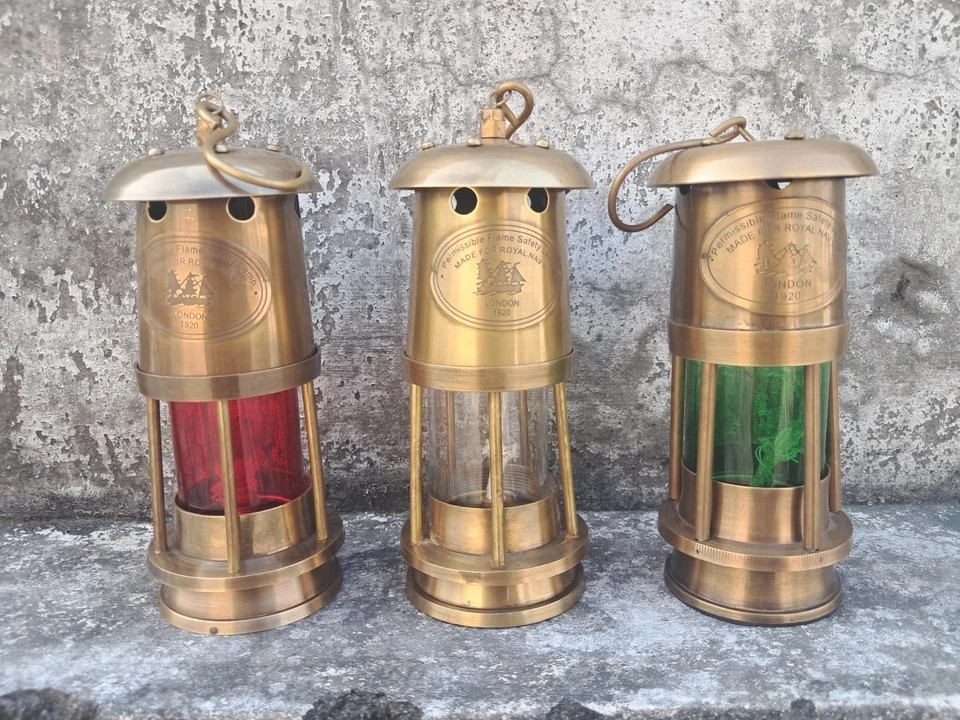 Antique Brass Oil Lamp – Nautical Ship Lantern, Maritime Vintage Lighting 3-Unit