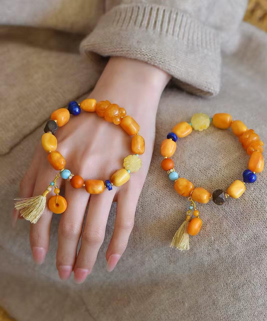 1pc Natural Baltic Amber Flower Bracelet Lapis Lazuli Decoration