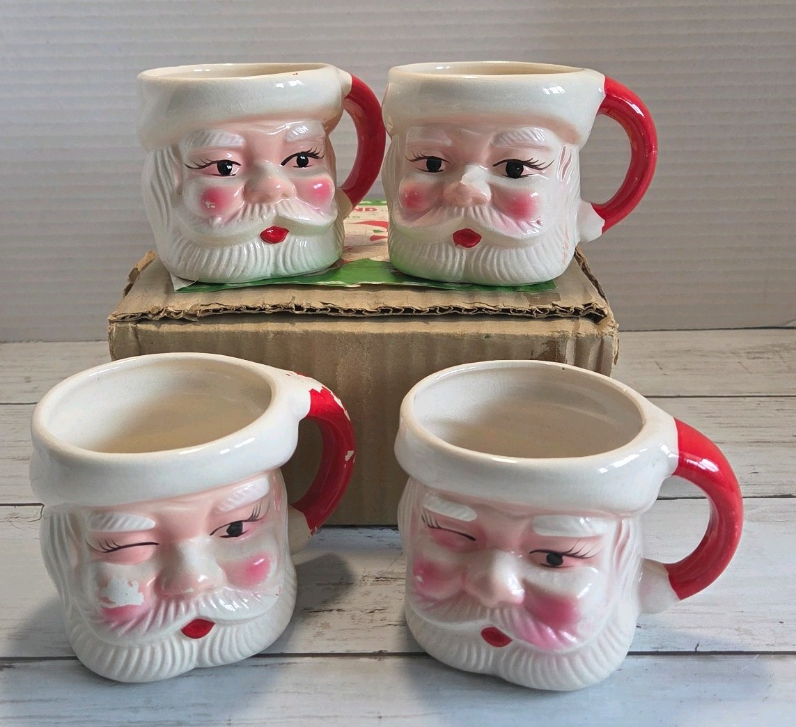 VTG 50/60's Winking Santa Mugs cups Set 4 Orig Box Santa Land Christmas decor