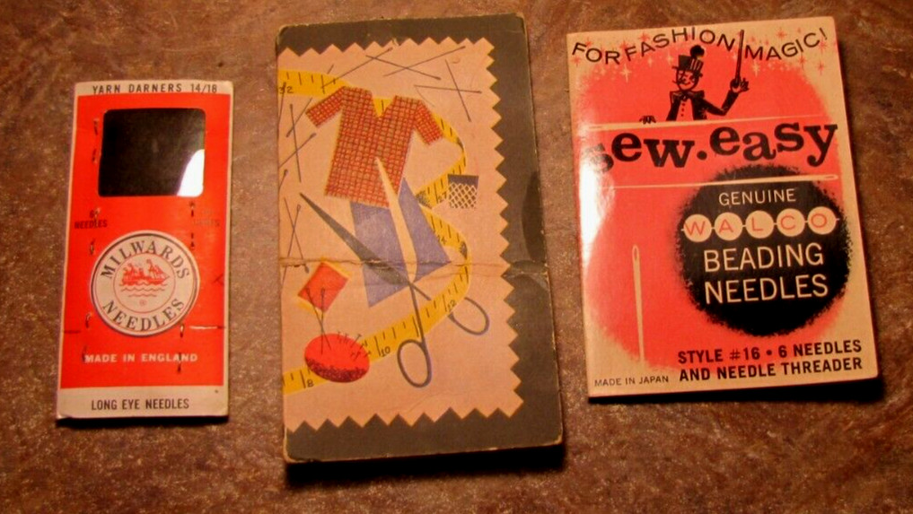 Lot of 3 Vintage Milwards,Walco Beading,Midwest Oil Adv. Sewing Needle Packages