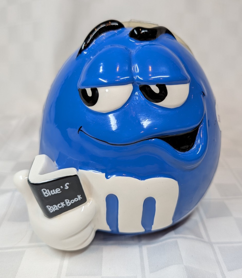 Vintage M&M’s Blue M&M Cookie Jar with Lid Blue\'s Black Book Sealed Unopened