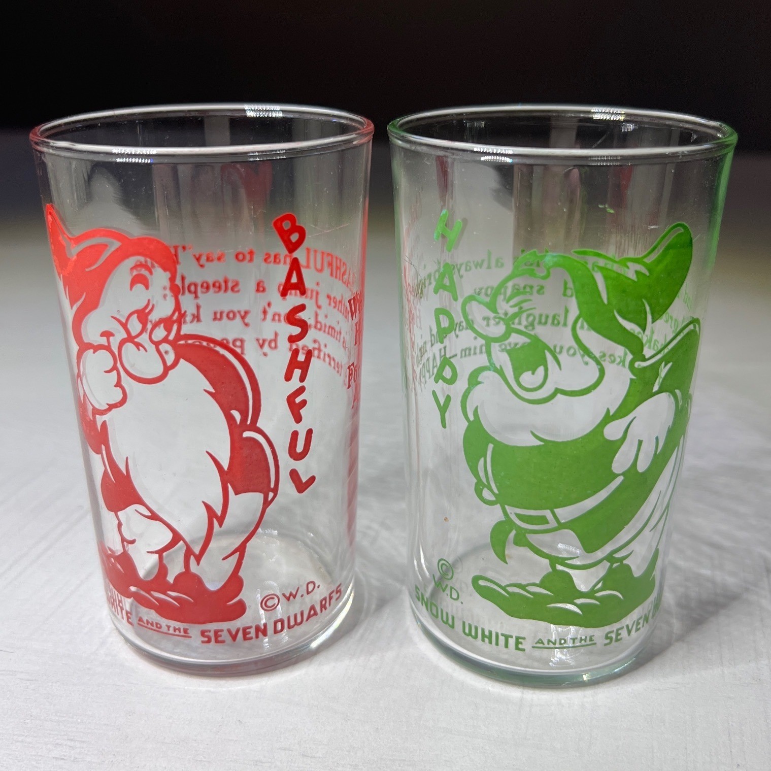 Disney Snow White Seven Dwarfs Cups Happy Glasses Gift for Disney Fan 1930’s Vtg