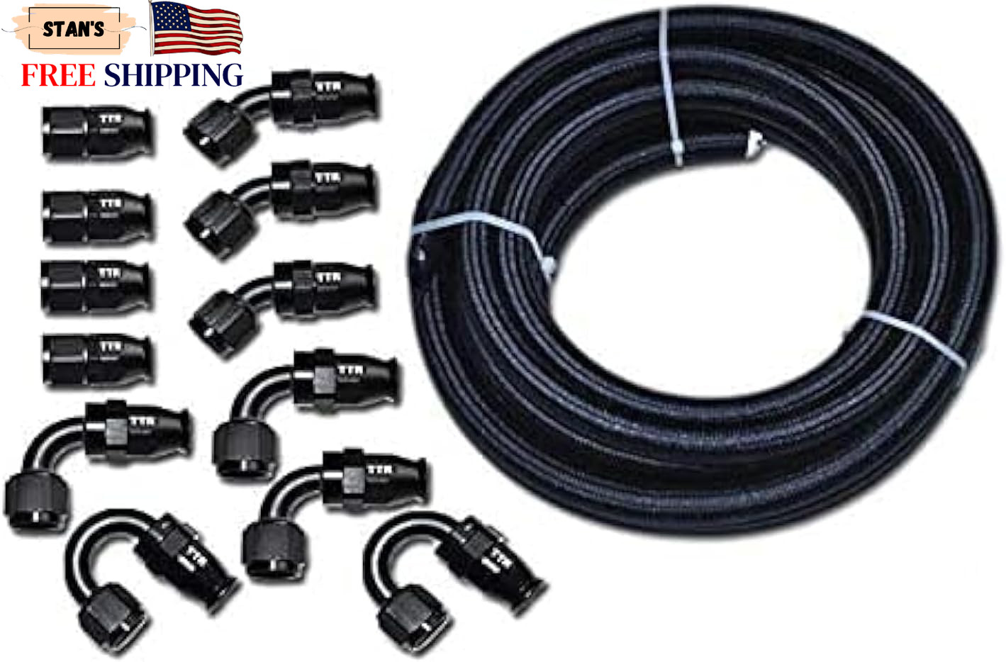 TT Racing 6 AN6 PTFE Swivel Fittings + Black Nylon Fuel Line Hose Kit E85 30 NEW