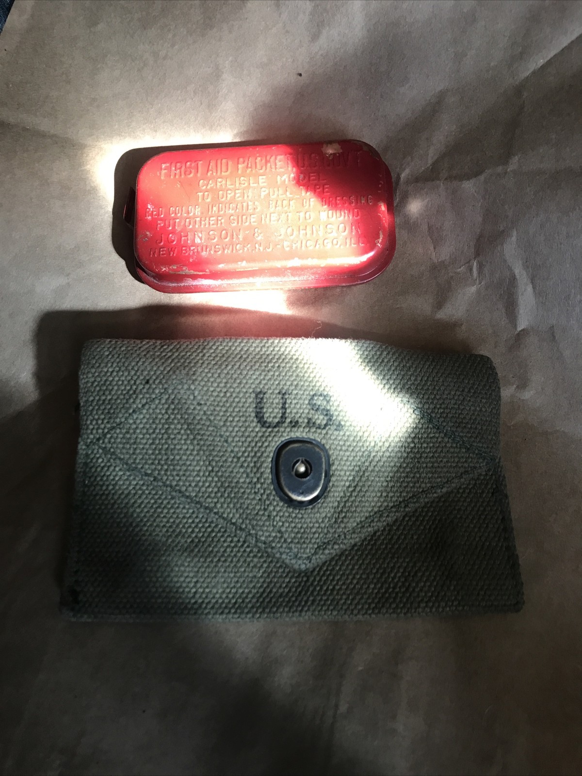 WWII First Aid Pouch & RED Bandage tin CLEAN  WW2 USGI US army