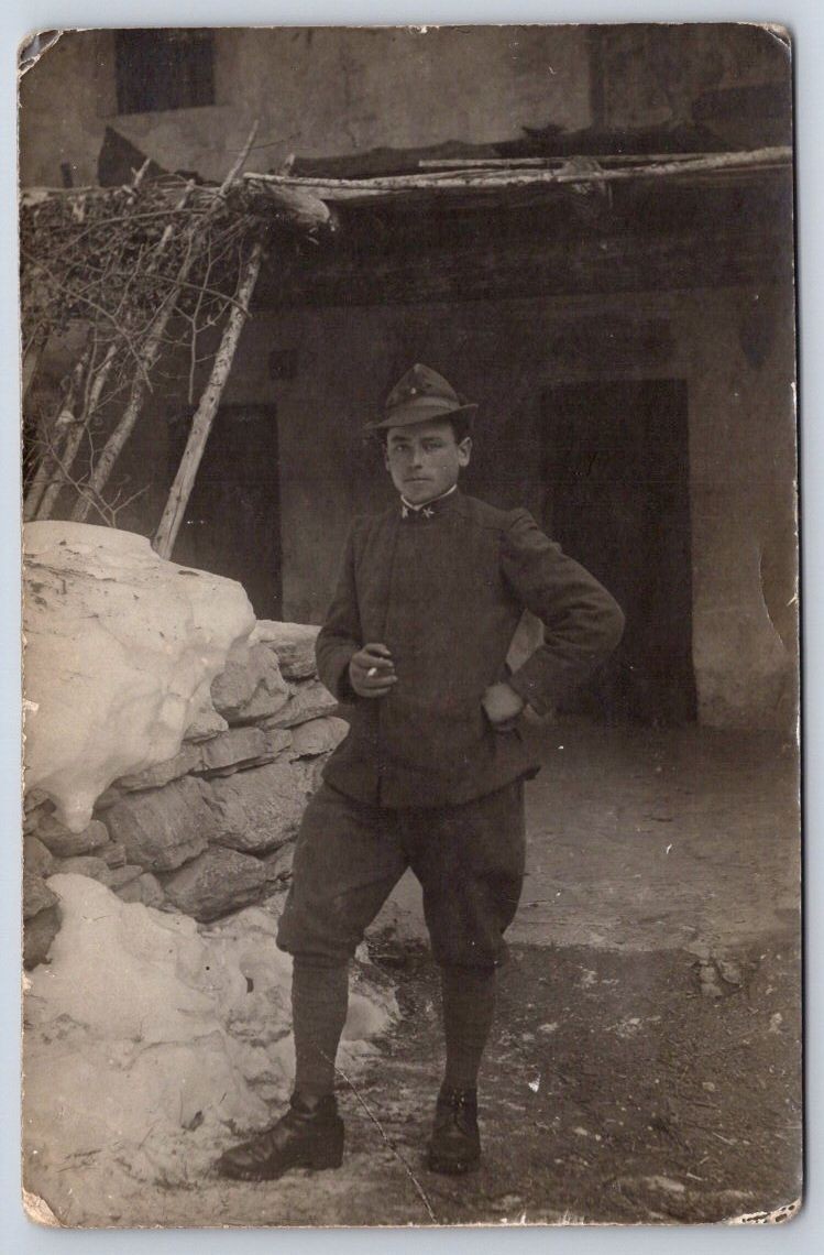 Antique Italy Alpini Soldier Standing in Snow Outdoor RPPC