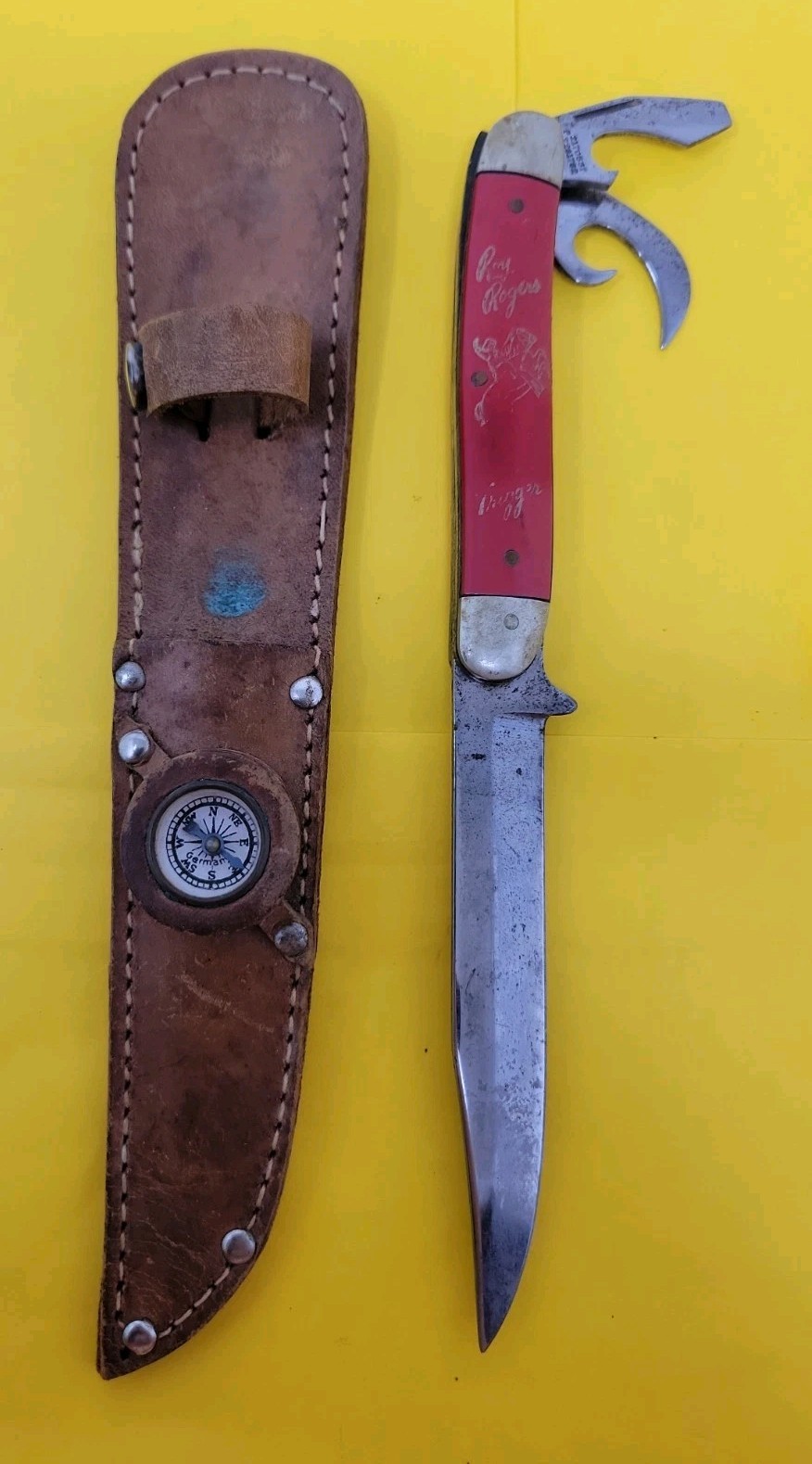 Vintage Roy Rogers and Trigger Pocket Long Knife Leather Sheath Compass RARE 