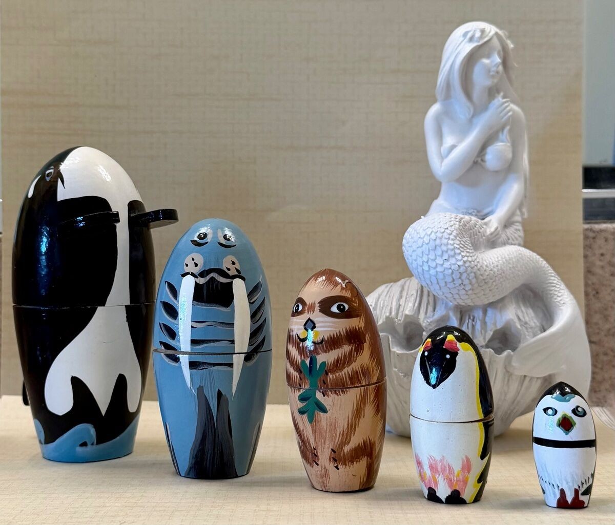 5pc Sea Creature Nesting Doll Set Orca Walrus Otter Penguin Puffin - 