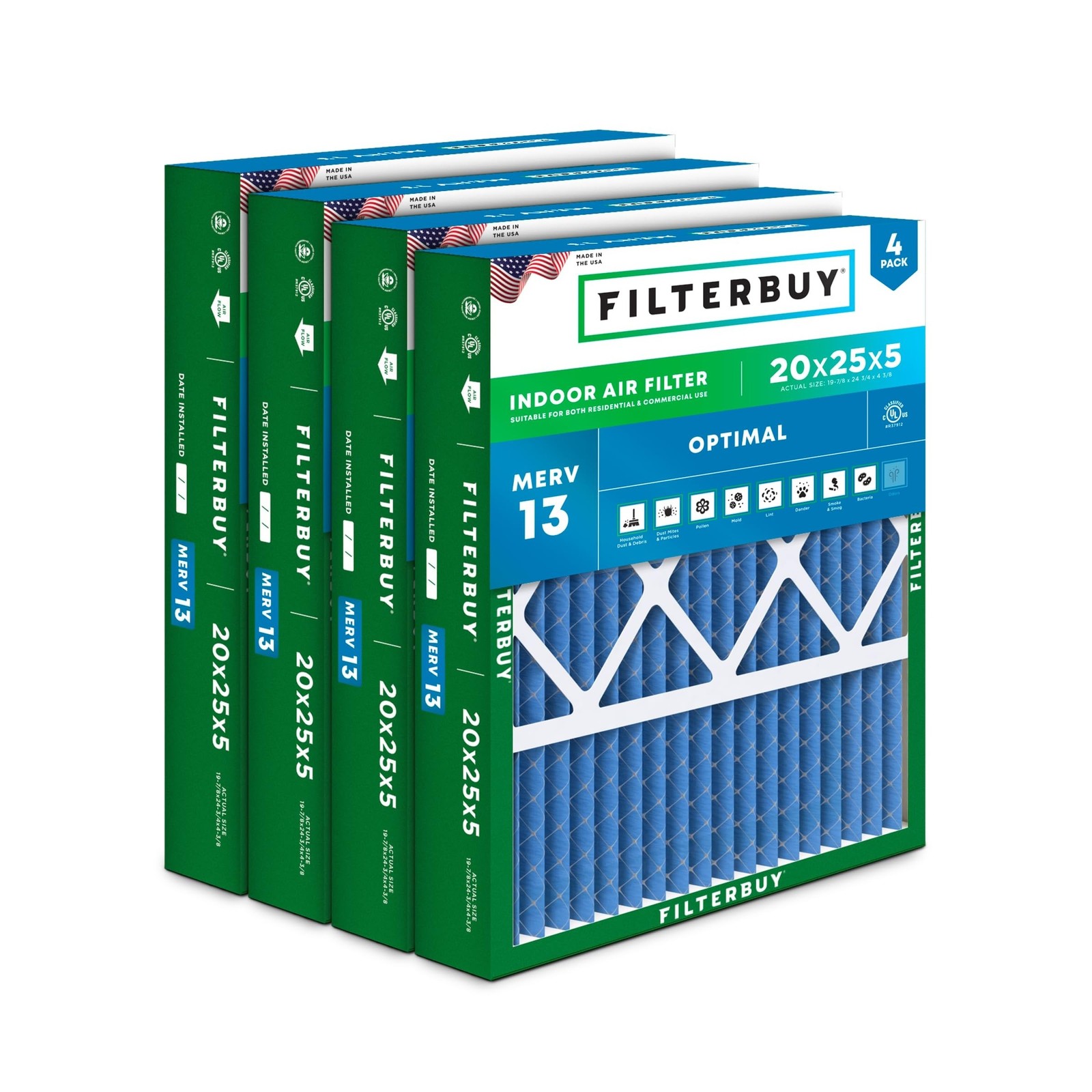 Filterbuy 20x25x5 Air Filter MERV 13 Smoke & Allergy Defense (4-Pack)