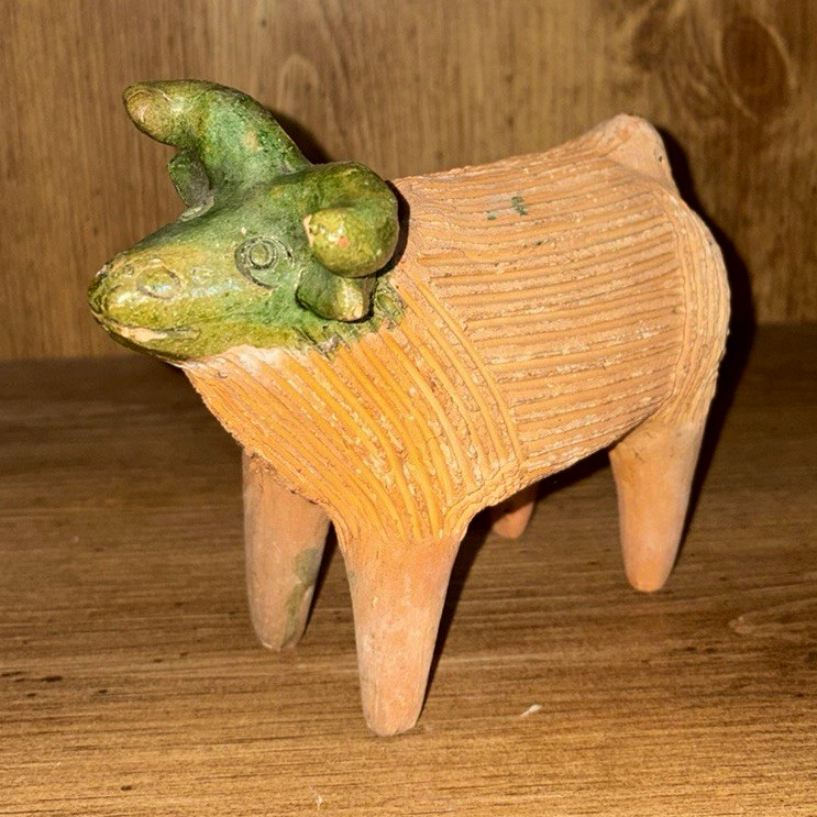 Vintage hand Painted Clay Bull Planter, Small Painted Animal Sculpture