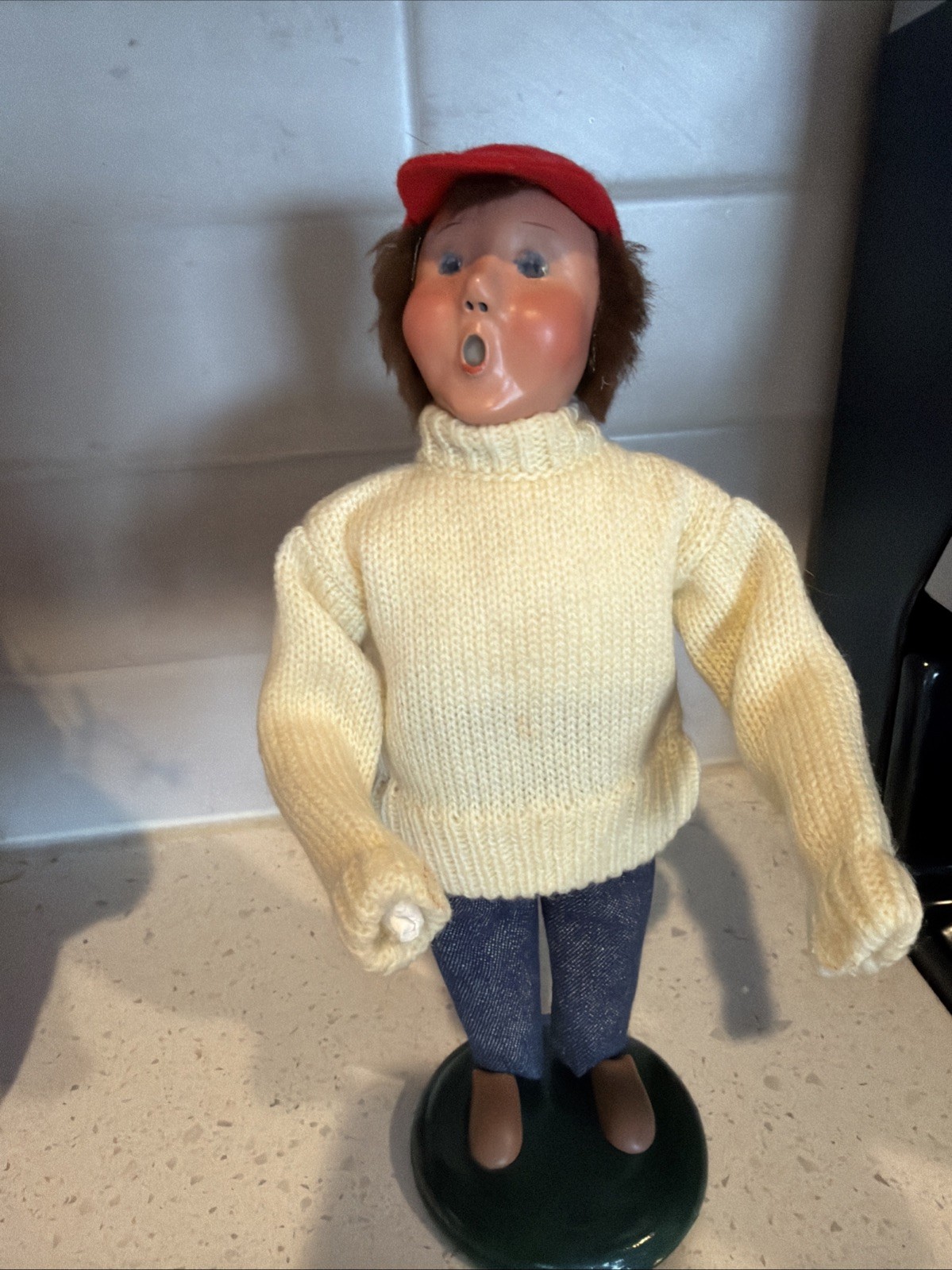 Byers Choice Boy in Red Cap, Cream Sweater & Jeans.