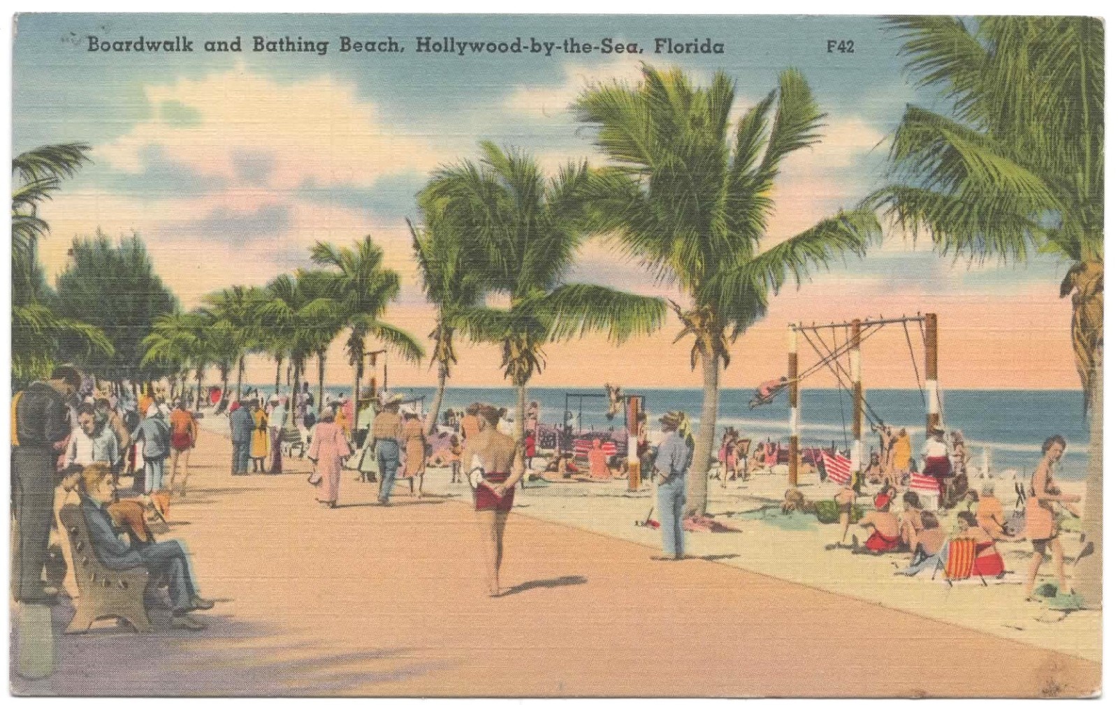 Vtg. Linen Postcard Hollywood By The Sea Florida Boardwalk and Bathing Beach