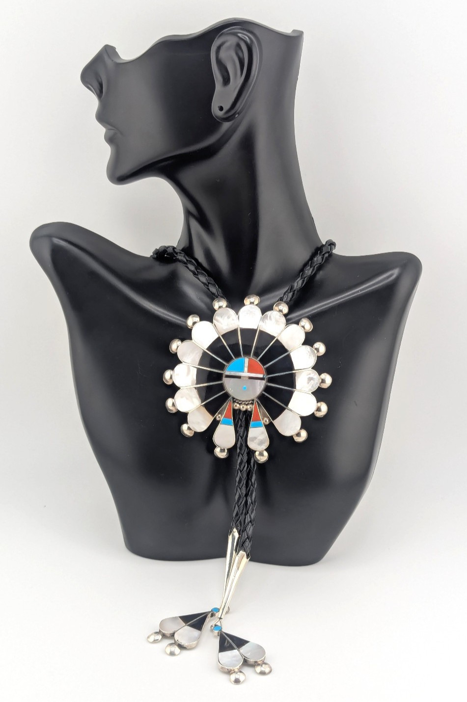 Zuni Large Medallion Sun Face Inlay Bolo Tie NA Leather Sterling Silver Signed