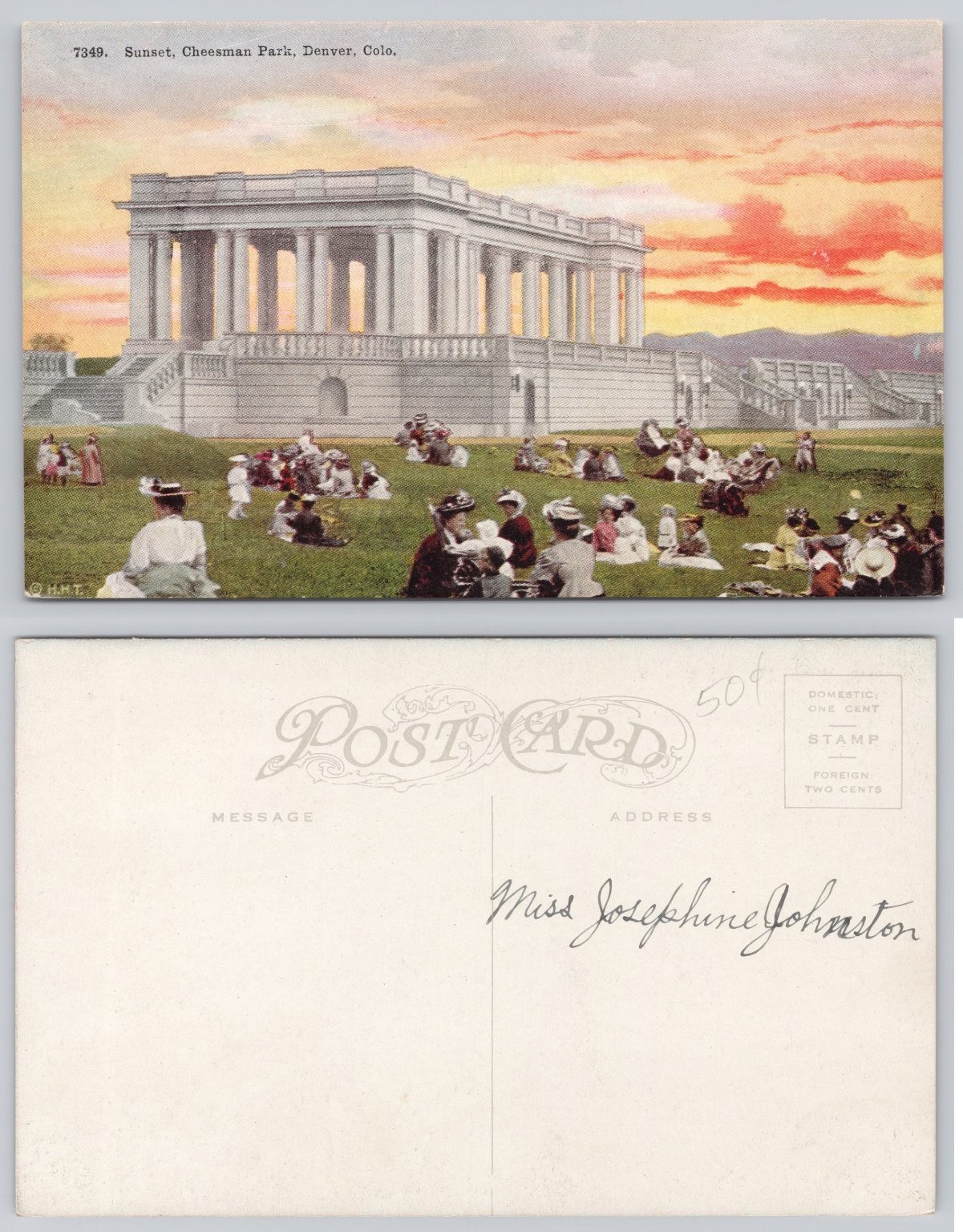Sunset Cheesman Park Denver Colorado Pavilion Crowd Vintage Postcard HMT