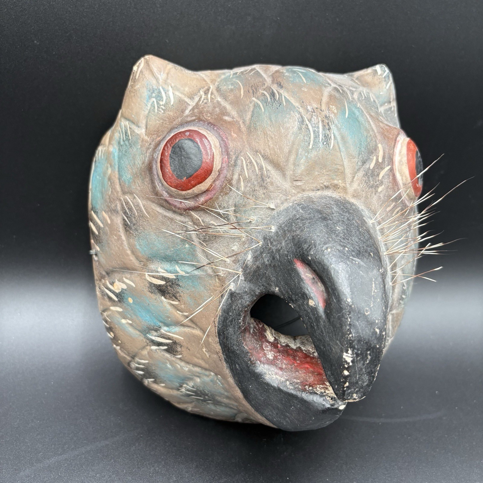 VTG Hand Painted Mexican Folk Art Owl Mask With Porcupine Quills Carved Wood 9”