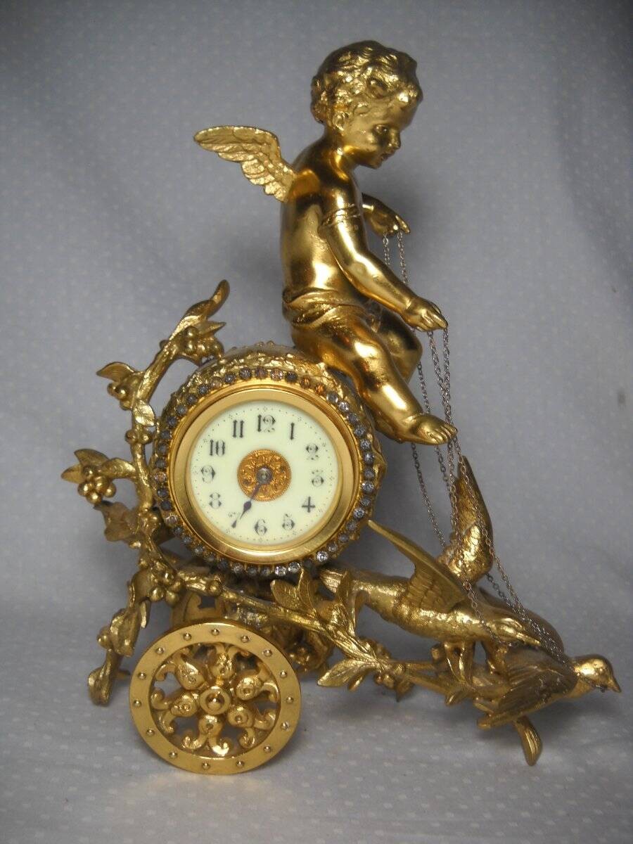 Scarce New Haven Chariot Model Figural Cherub Desk Clock Ca 1905 See Description