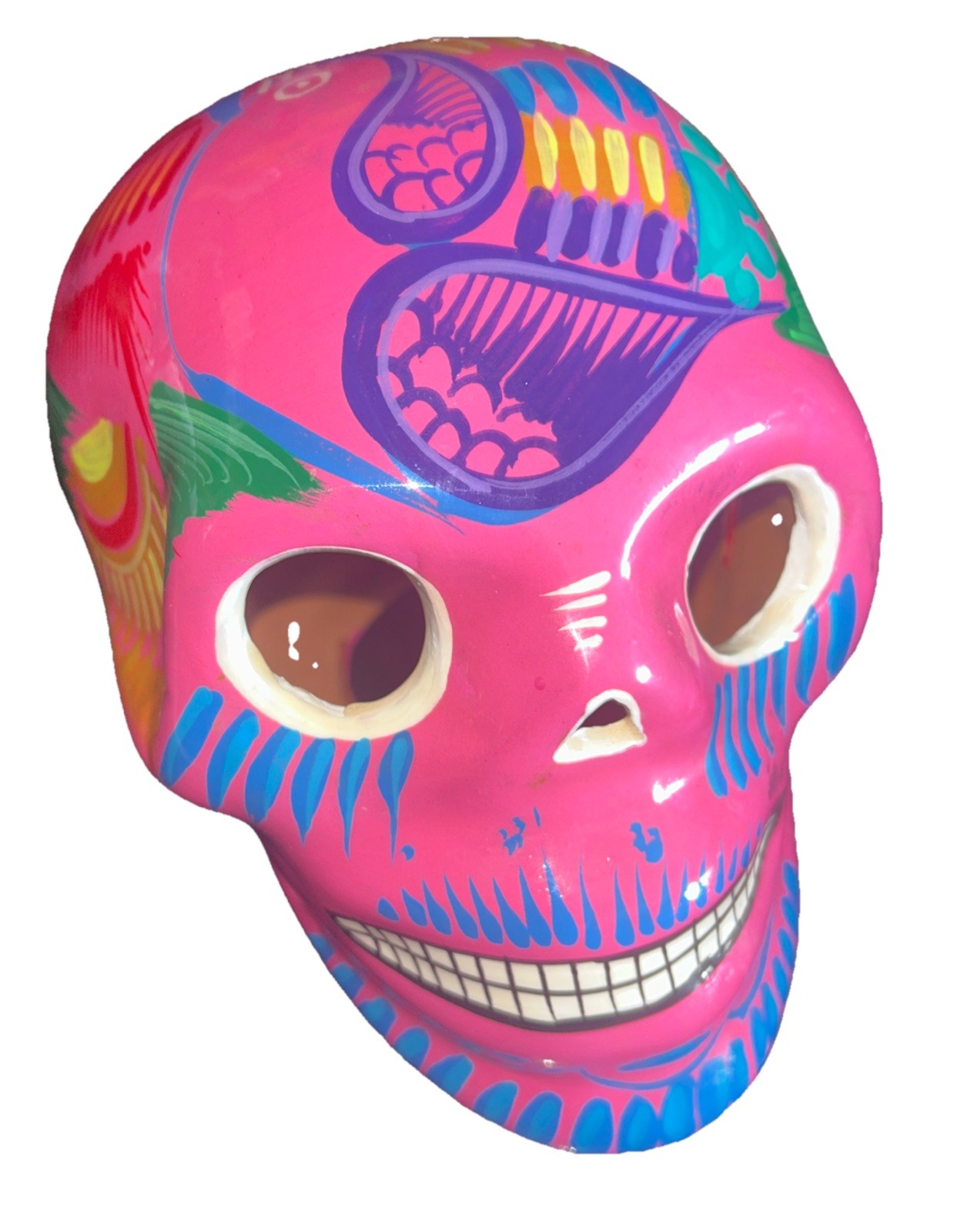 Talavera Clay Skull Mexico DOD, Hand Paint, Multi-Color 8”L x 6”W x 6”H Signed