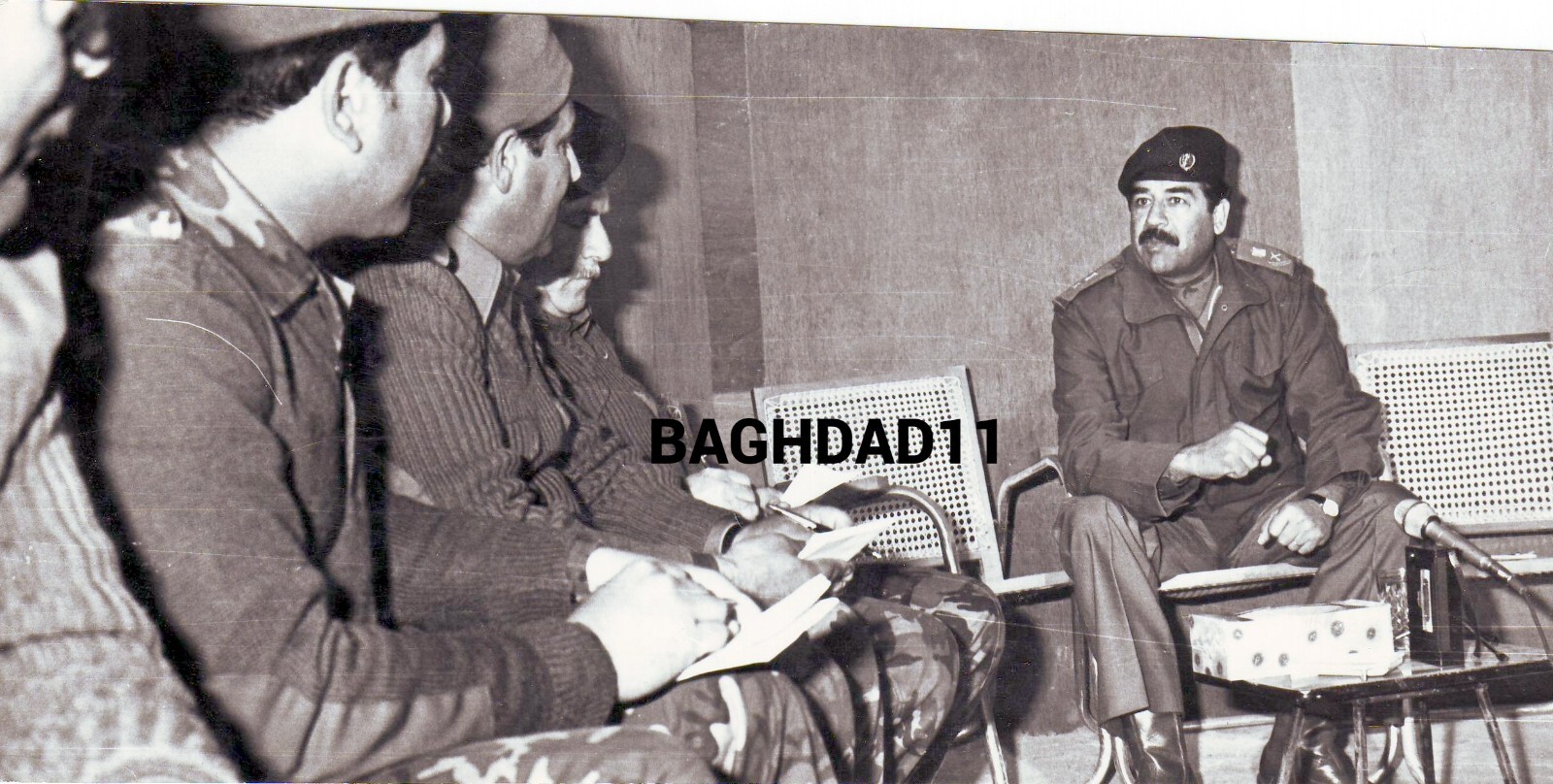 Iraq. Reprinted photo of Saddam in a visit to troops, Iraqi-Irani war era 1980s