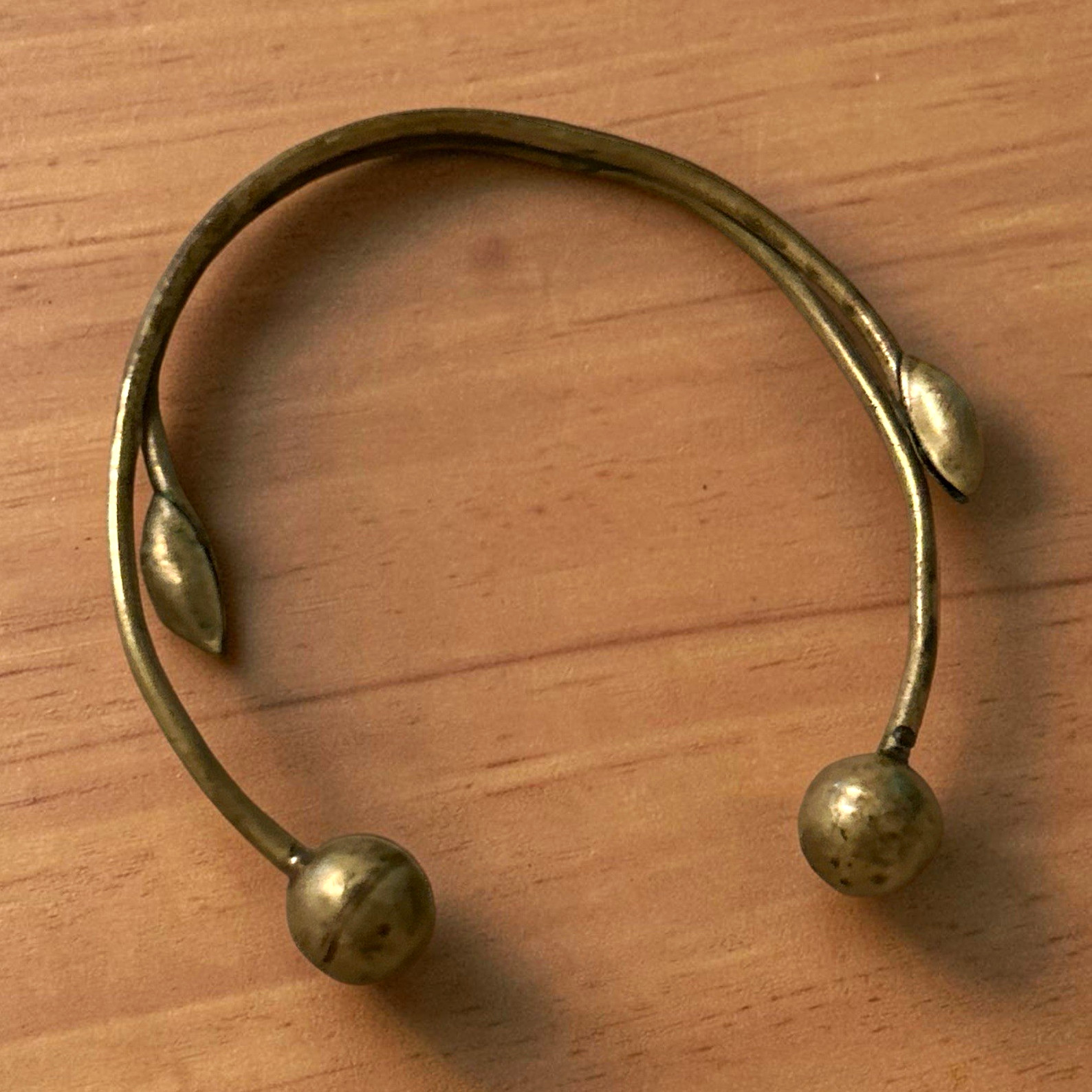 Unique Vintage Brass Open Cuff Torque Bracelet with Ball Ends and Budding Leaves
