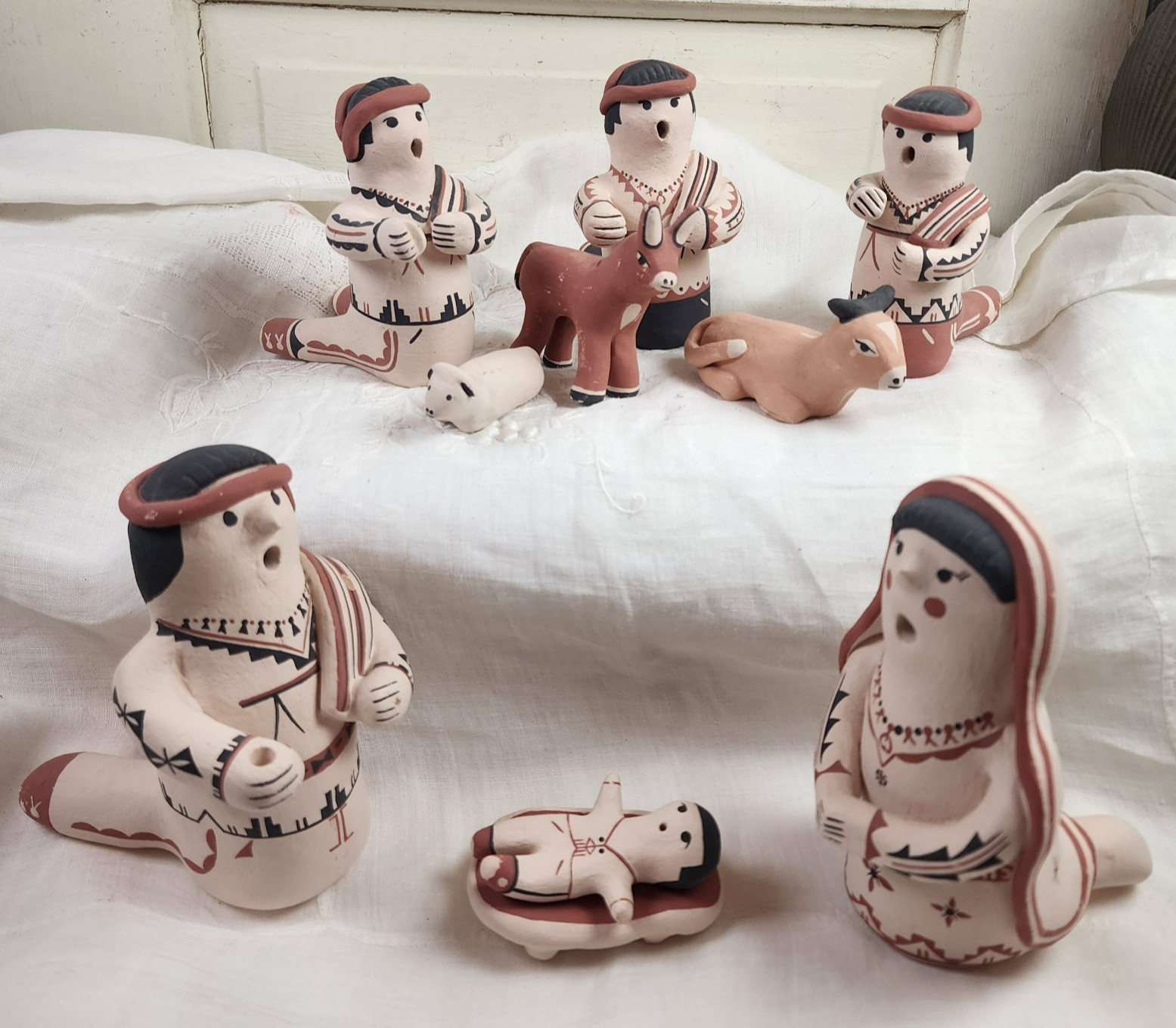 Vtg Native American Nativity Cochiti Pueblo Signed B Vallo Handmade Pottery 10pc
