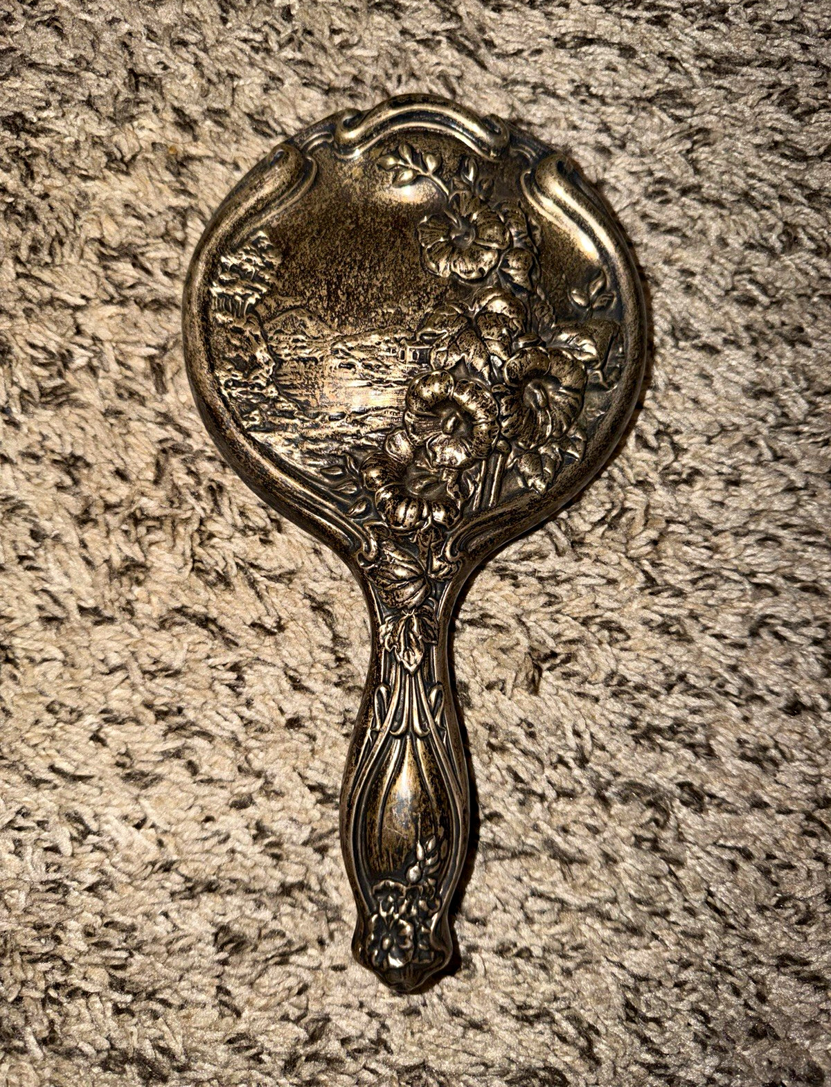Antique Sterling Silver Hand Mirror Art Nouveau Floral Repousse 10\
