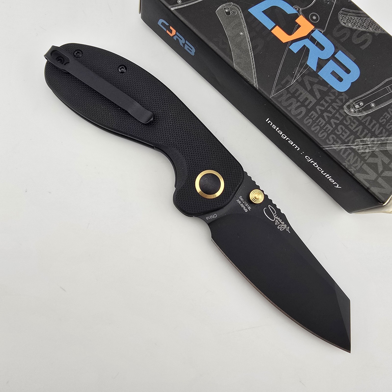 CJRB Maileah Folding Knife AR RPM9 Black G10 Button Lock Thumb Stud J1918L-BBK