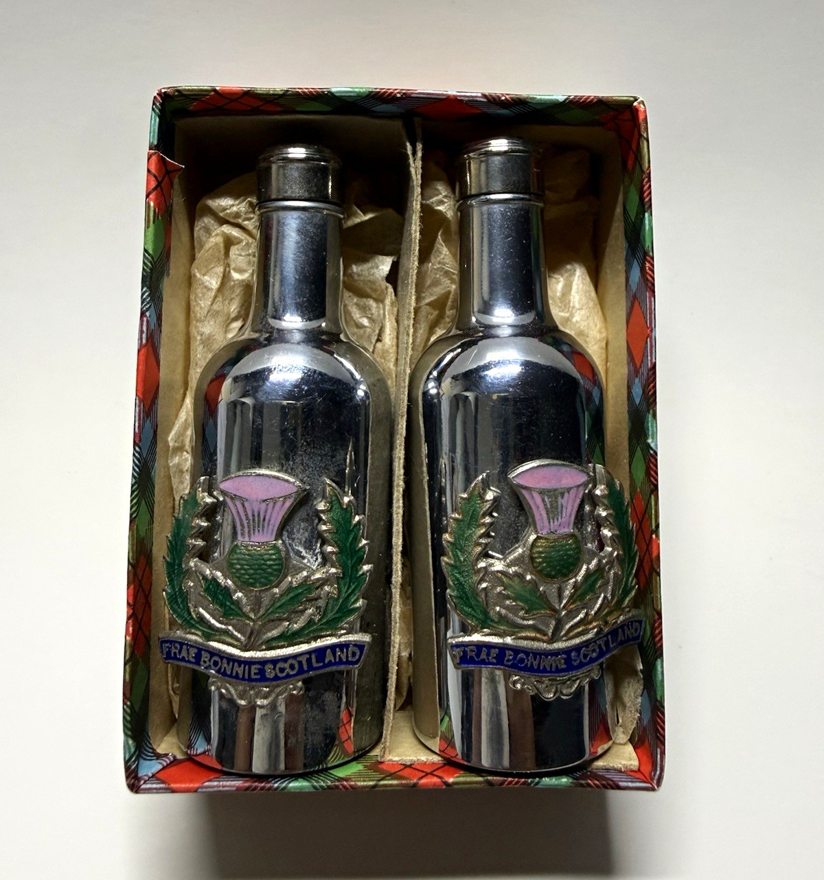 Vintage Frae Bonnie Scotland Salt Pepper Shakers Thistle Tartan Box Scottish