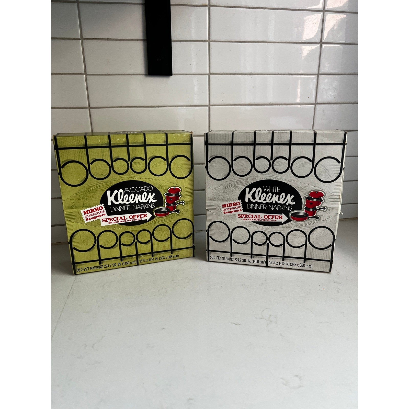 Vintage 1970s Kleenex Dinner Napkins Avocado Green White 2 Boxes New Old Stock