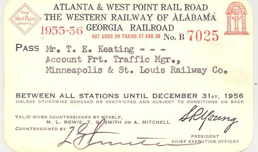 1955-56 Atlanta & West Point Railroad pass - Minneapolis & St Louis Railway